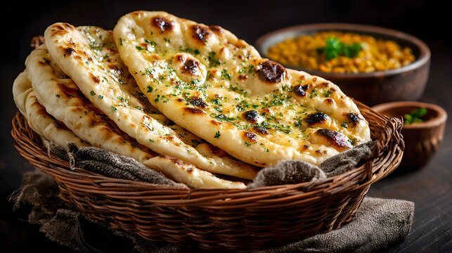 Naan bread recién horneado con mantequilla y hierbas frescas